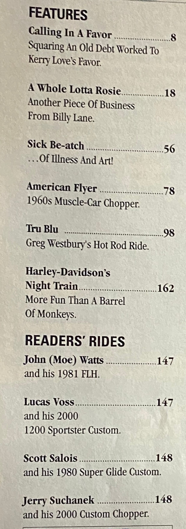Easyriders Magazine November 2004 #377 features including 'Calling In A Favor', 'A Whole Lotta Rosie', and 'Tru Blu', showcasing motorcycle culture and custom bikes.
