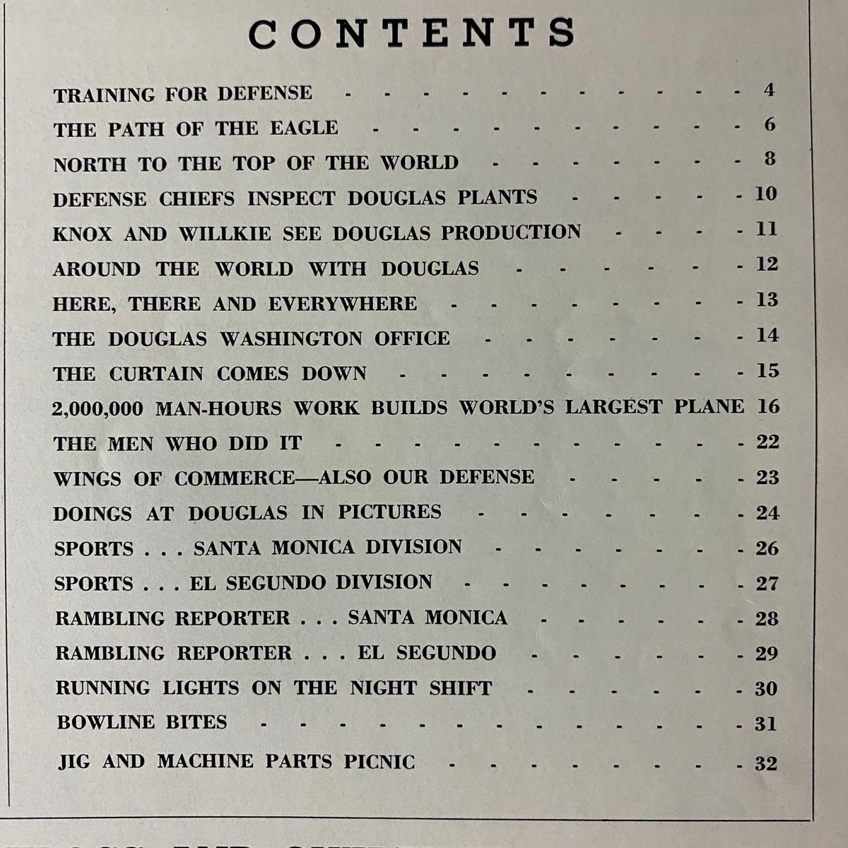 Table of contents from the Douglas Airview Magazine September 1940, titled The Path of The Eagle, featuring articles related to aviation developments and industry insights.