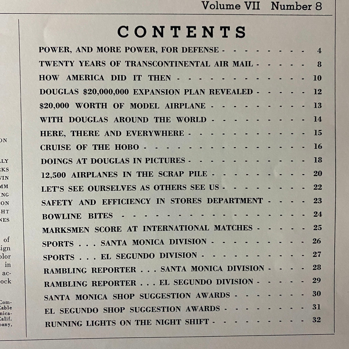 Contents page of Douglas Airview Magazine August 1940 outlining key features including 'Power and More Power for Defense' and 'Cruise of The Hobo'.