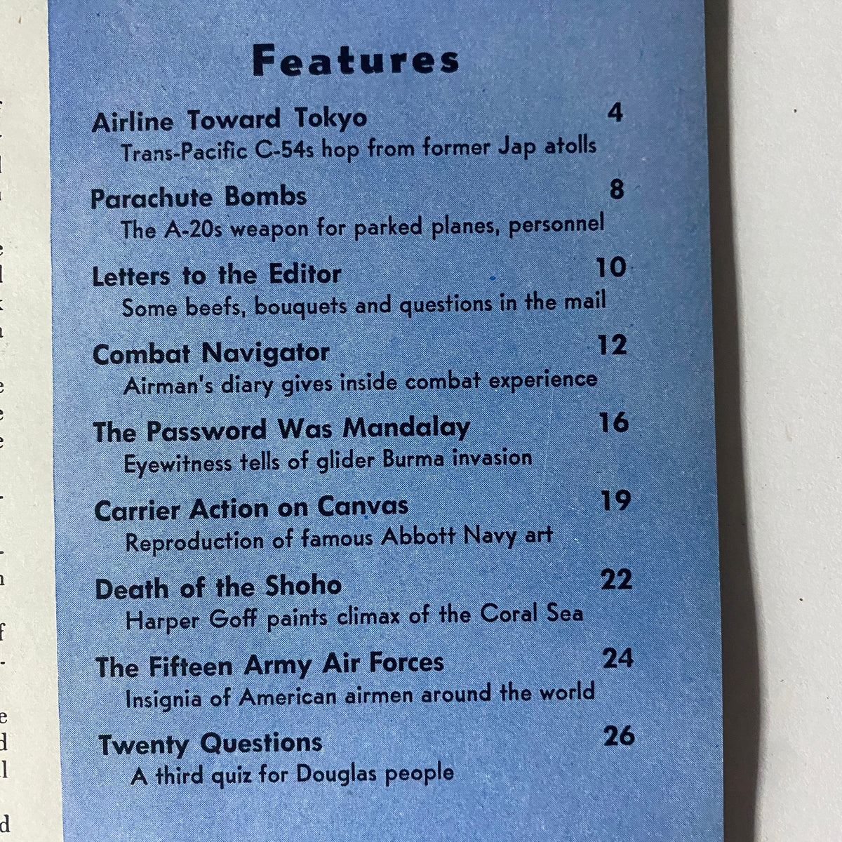 Douglas Airview Magazine June 1944 features page listing articles such as 'Airline Toward Tokyo' and 'Combat Navigator,' showcasing key content from this vintage WWII publication.