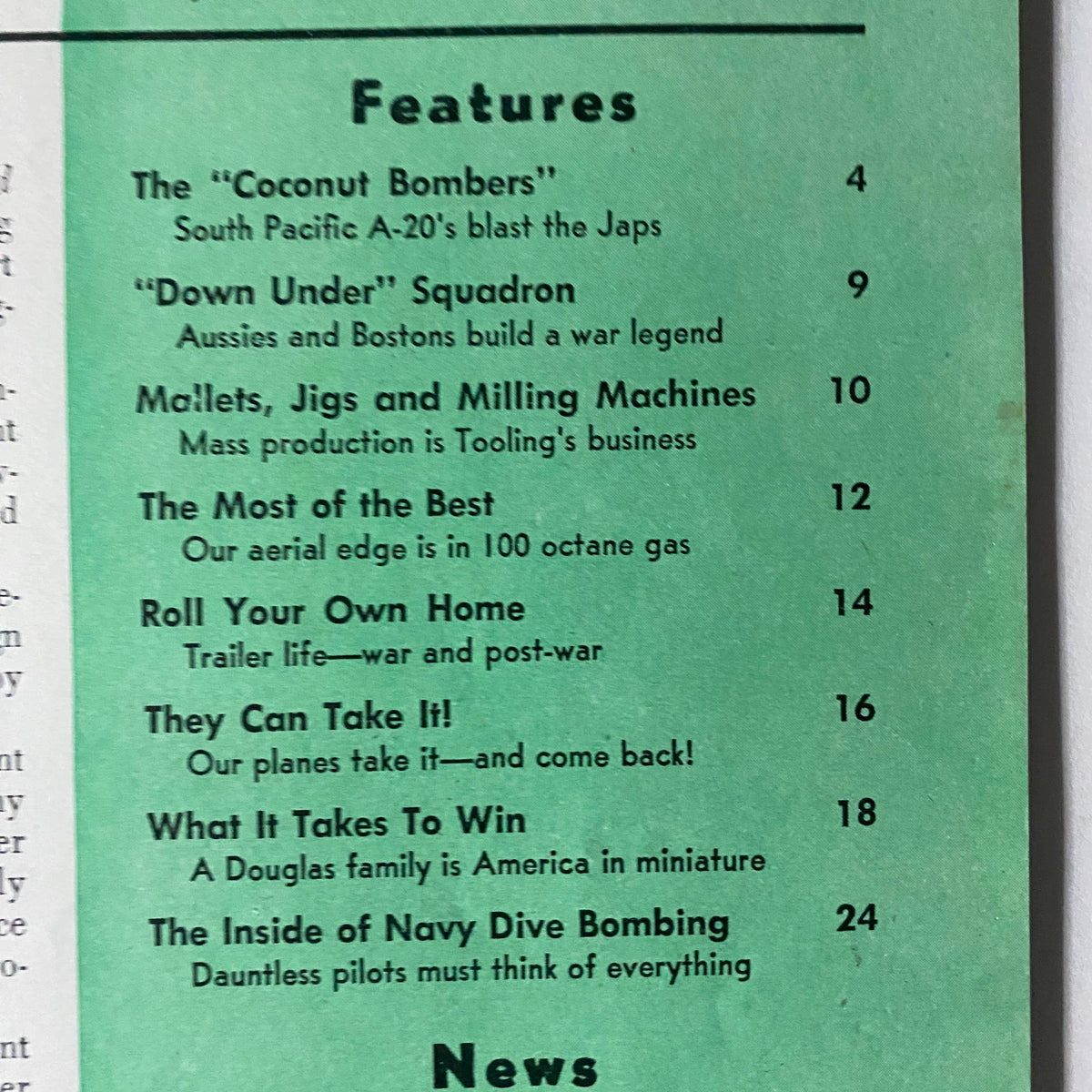Table of contents page from Douglas Airview Magazine, May 1944, listing articles about the Coconut Bombers and wartime aviation.