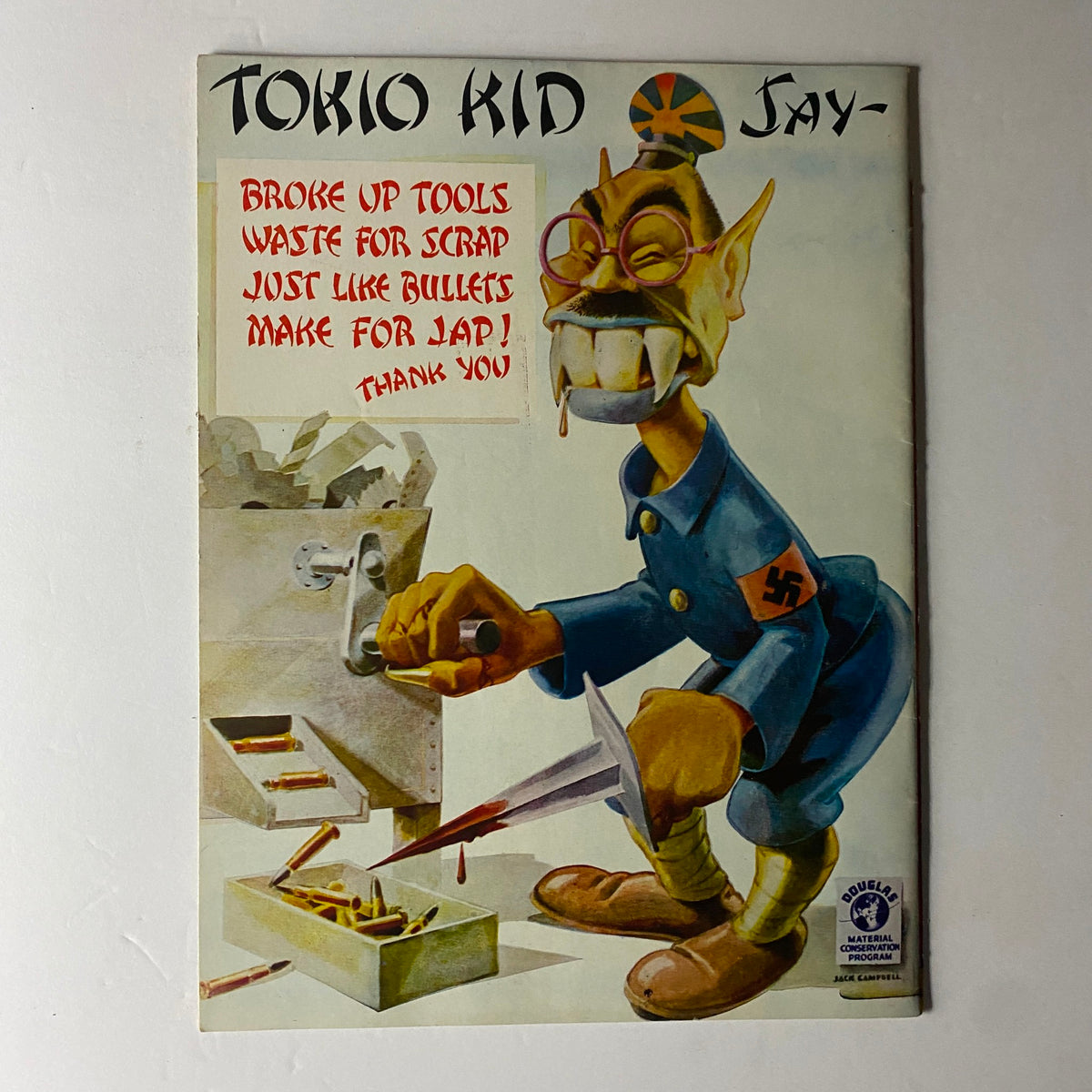 Cover illustration of a vintage cartoon titled 'TOKIO KID'. Features a comical depiction of a character encouraging scrap collection for war efforts, aligned with themes from the Douglas Airview Magazine February 1943 Winged Commandos.
