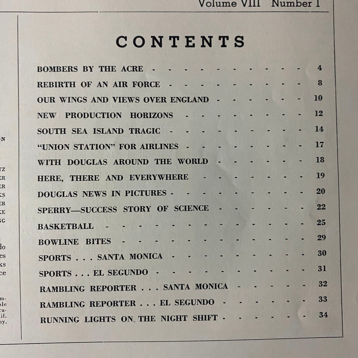 Table of contents for Douglas Airview Magazine January 1941, listing engaging articles such as Bombers by the Acre and Rebirth of an Air Force. A valuable resource for aviation and military history enthusiasts.