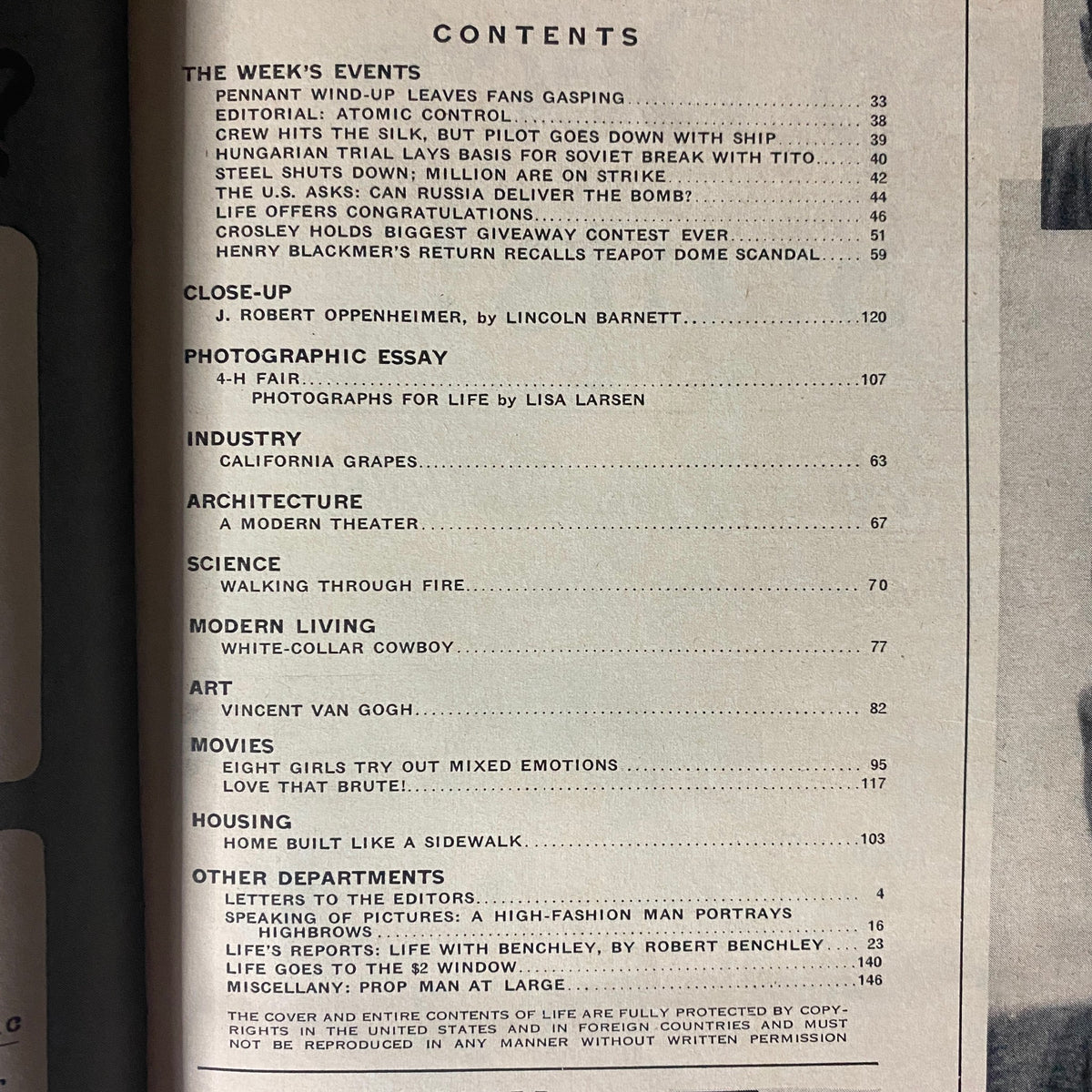 Table of contents from Life Magazine issue dated October 10, 1949, featuring articles including a profile on J. Robert Oppenheimer and various topics of the time.
