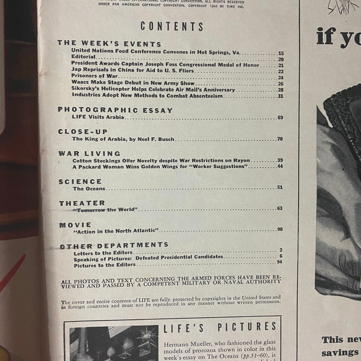 Table of contents page from the May 31, 1943 issue of Life Magazine, detailing various articles including 'The King of Arabia' and significant wartime events.