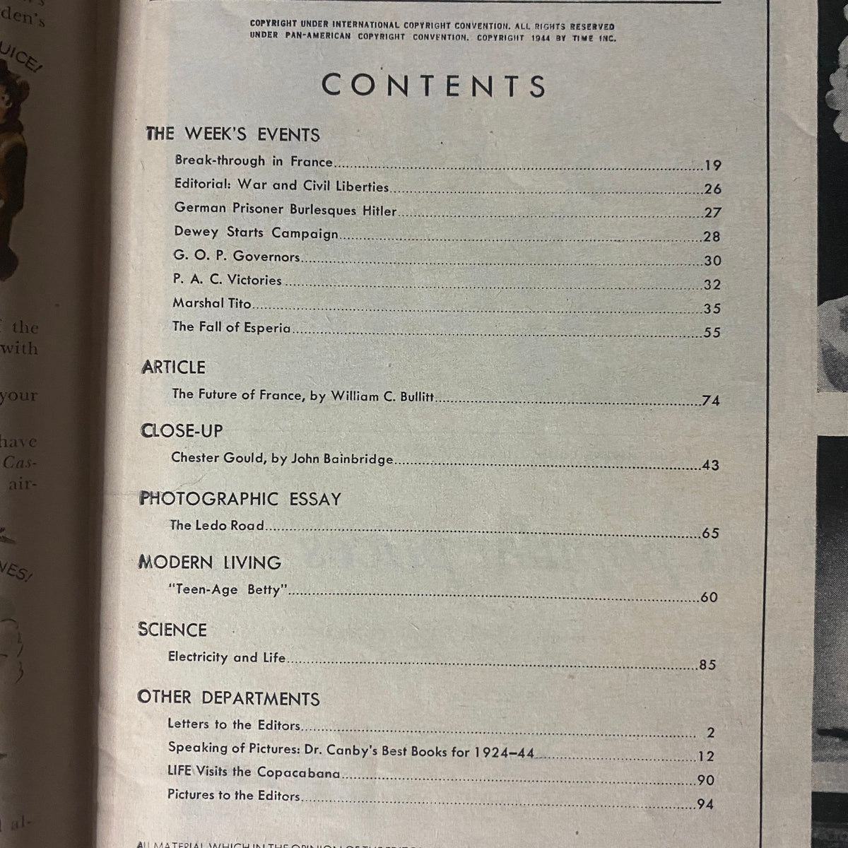 Table of contents from Life Magazine August 14, 1944, featuring articles on World War II events and cultural reflections, including 'Break-through in France' and 'The Future of France' by William C. Bullitt.