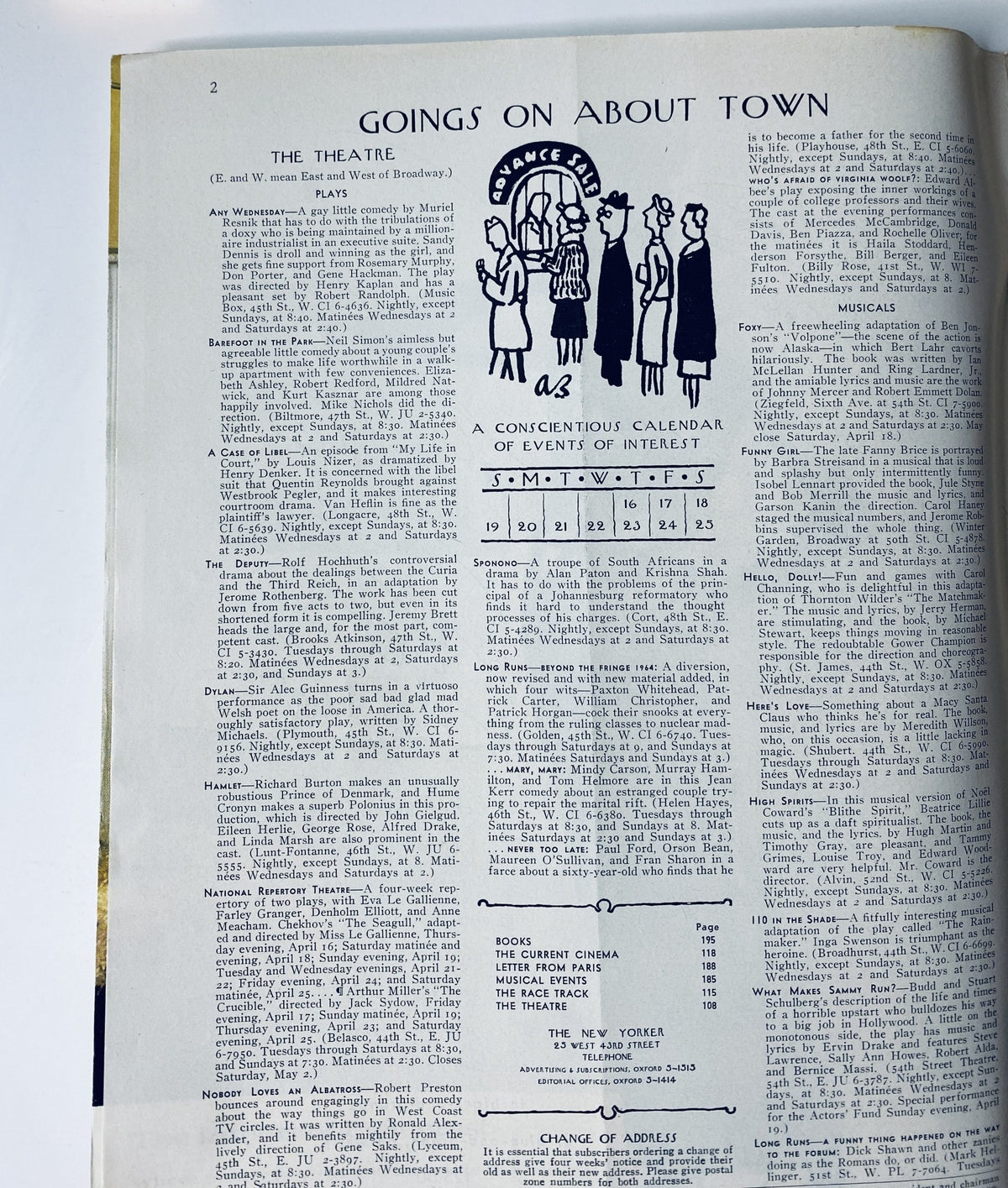 Interior page of The New Yorker Magazine April 18, 1964 displaying the 'Goings On About Town' section, featuring a calendar of events like musical performances and theatrical plays.
