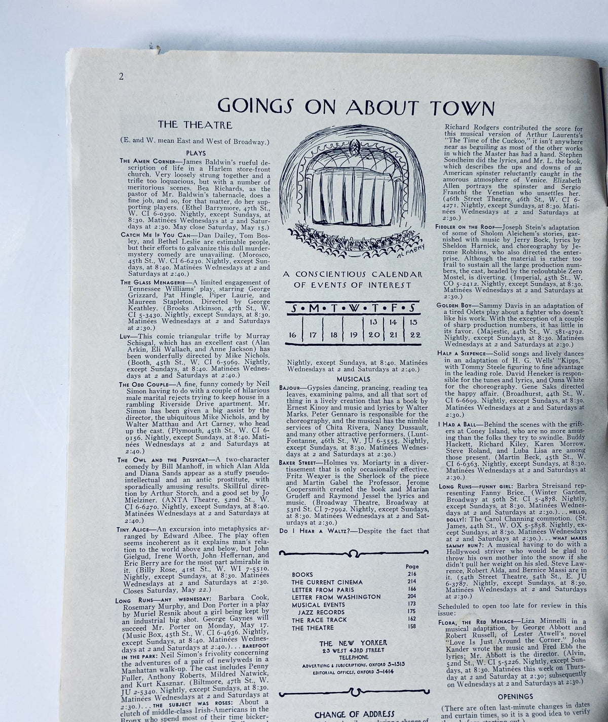 Inside page of The New Yorker Magazine May 15, 1965 detailing the schedule of events titled 'Goings on About Town', focusing on theater happenings.