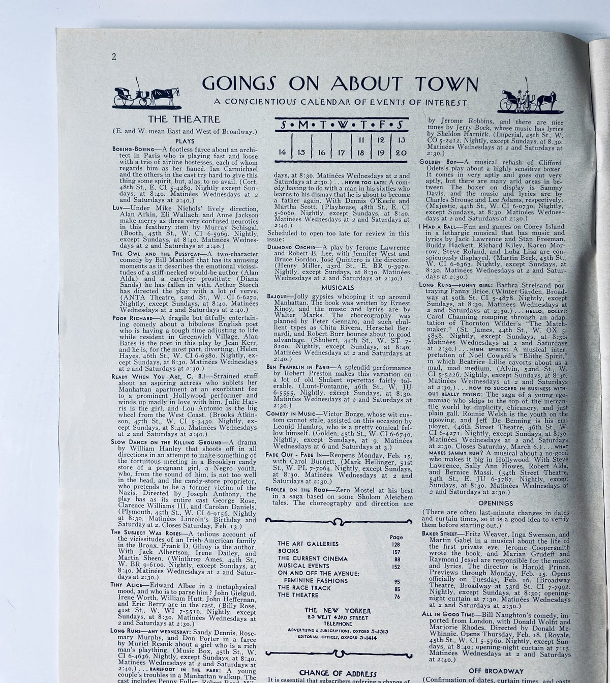 Inside page of The New Yorker Magazine February 13, 1965 detailing events in the theatre, part of the 'Goings On About Town' section.