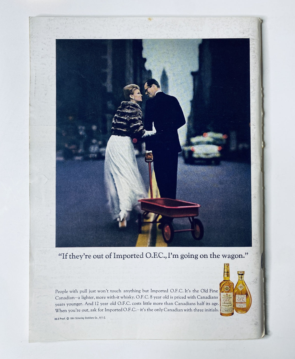 The New Yorker Magazine February 13, 1965 featuring Abe Birnbaum's Abstract Face Cover, showcasing a vintage advertisement with a couple in formal attire, where a woman in a white dress pulls a red wagon while the man in a tuxedo gestures towards the wagon.