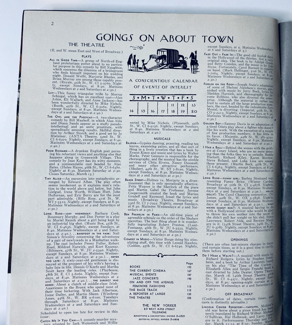 Page 2 of The New Yorker Magazine March 13 1965 displaying the 'Goings On About Town' calendar of events and theater listings.