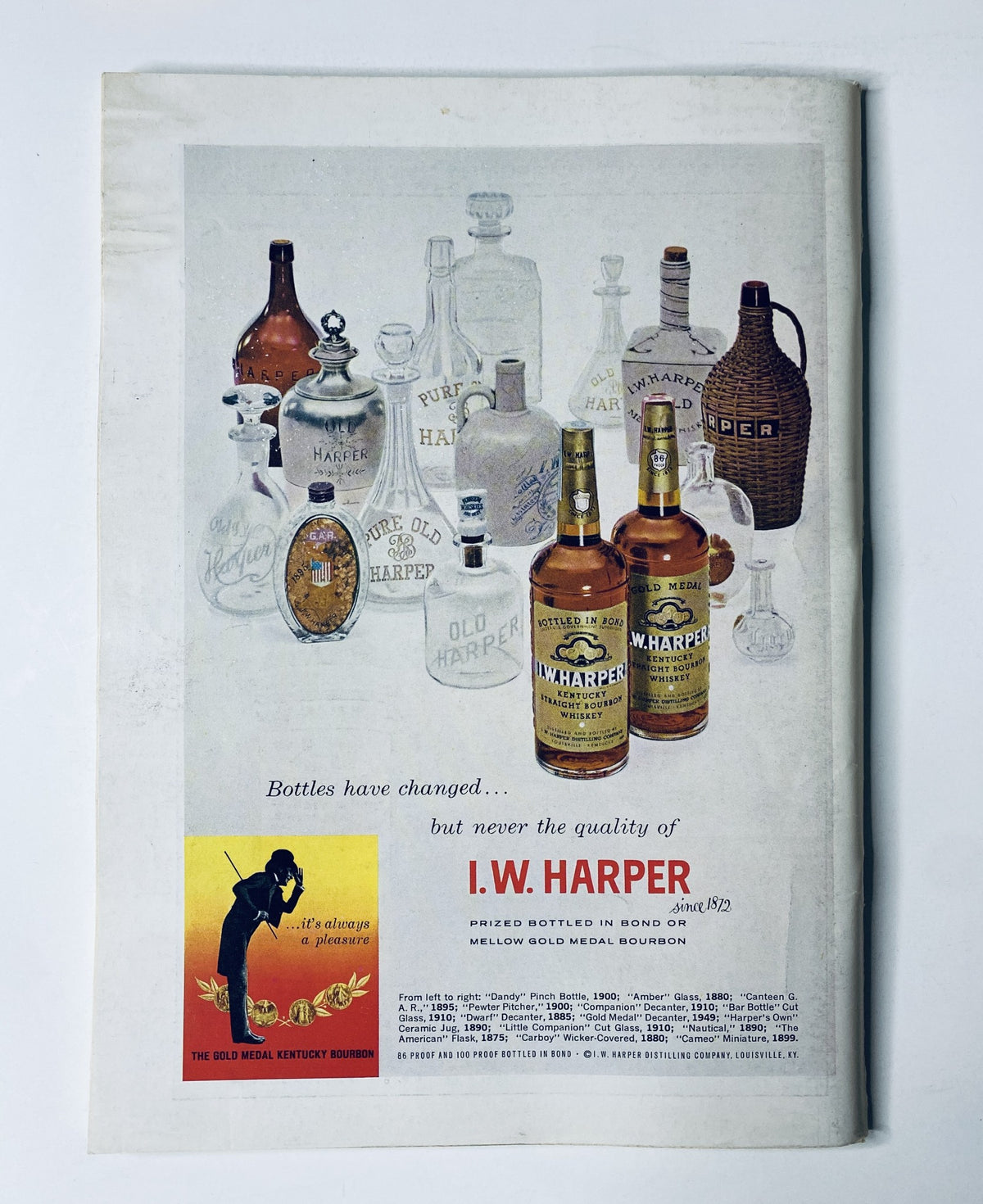 Vintage advertisement for I.W. Harper Bourbon featured in The New Yorker Magazine March 13 1965, showcasing various bourbon bottles.