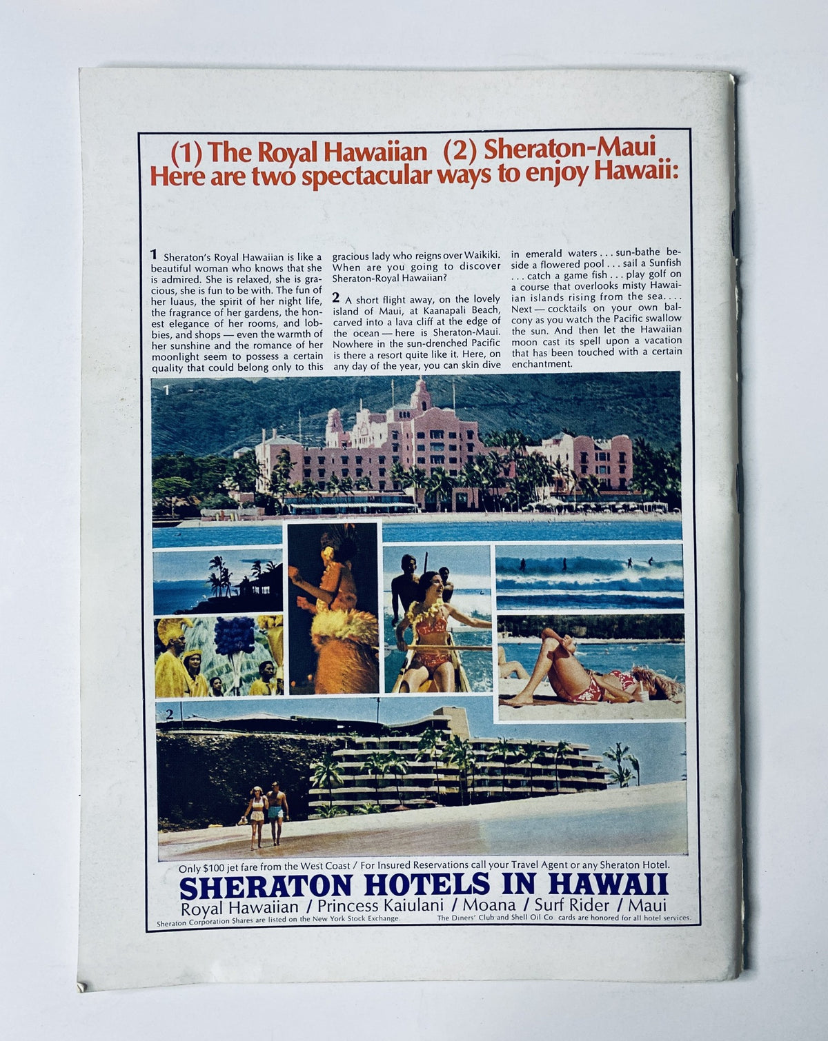 Ad featuring the Sheraton Hotels in Hawaii, highlighting the Royal Hawaiian and Sheraton-Maui resorts, with scenic images of beaches, palm trees, and Hawaiian culture, from The New Yorker Magazine July 17, 1965 Custodian Floor Polisher Arthur Getz Cover.