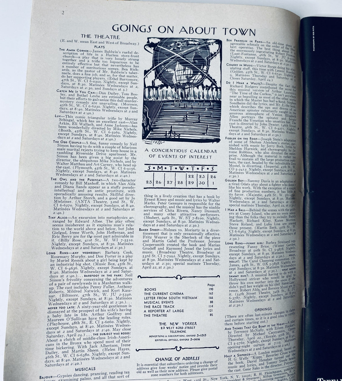 A page from The New Yorker Magazine dated April 24, 1965 featuring a city skyscraper illustration by Abe Birnbaum, showing current events in theatre and other cultural happenings.