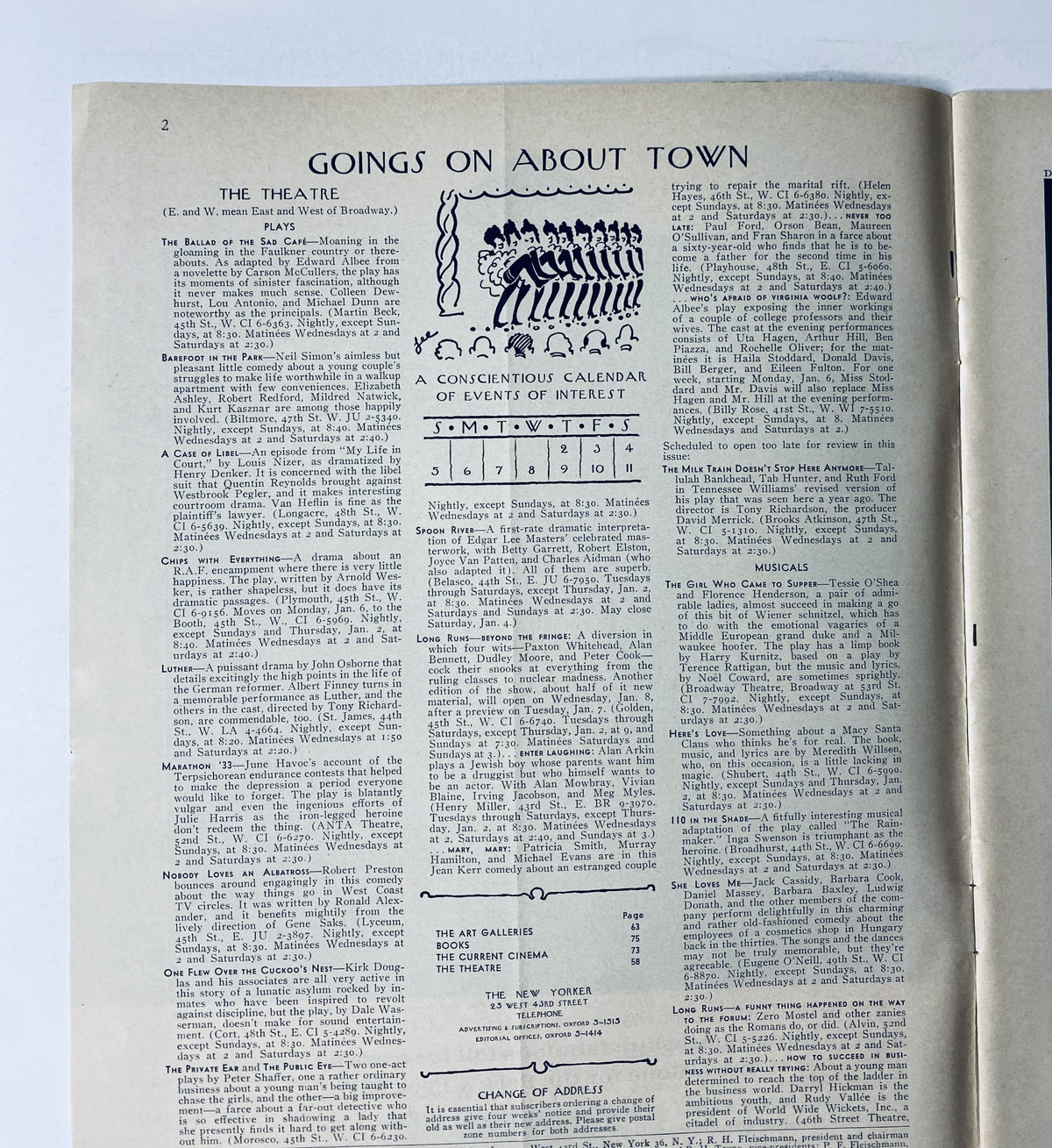 An interior page of The New Yorker Magazine January 4, 1964, featuring the 'Goings on About Town' section, highlighting a calendar of events, including theatre listings.