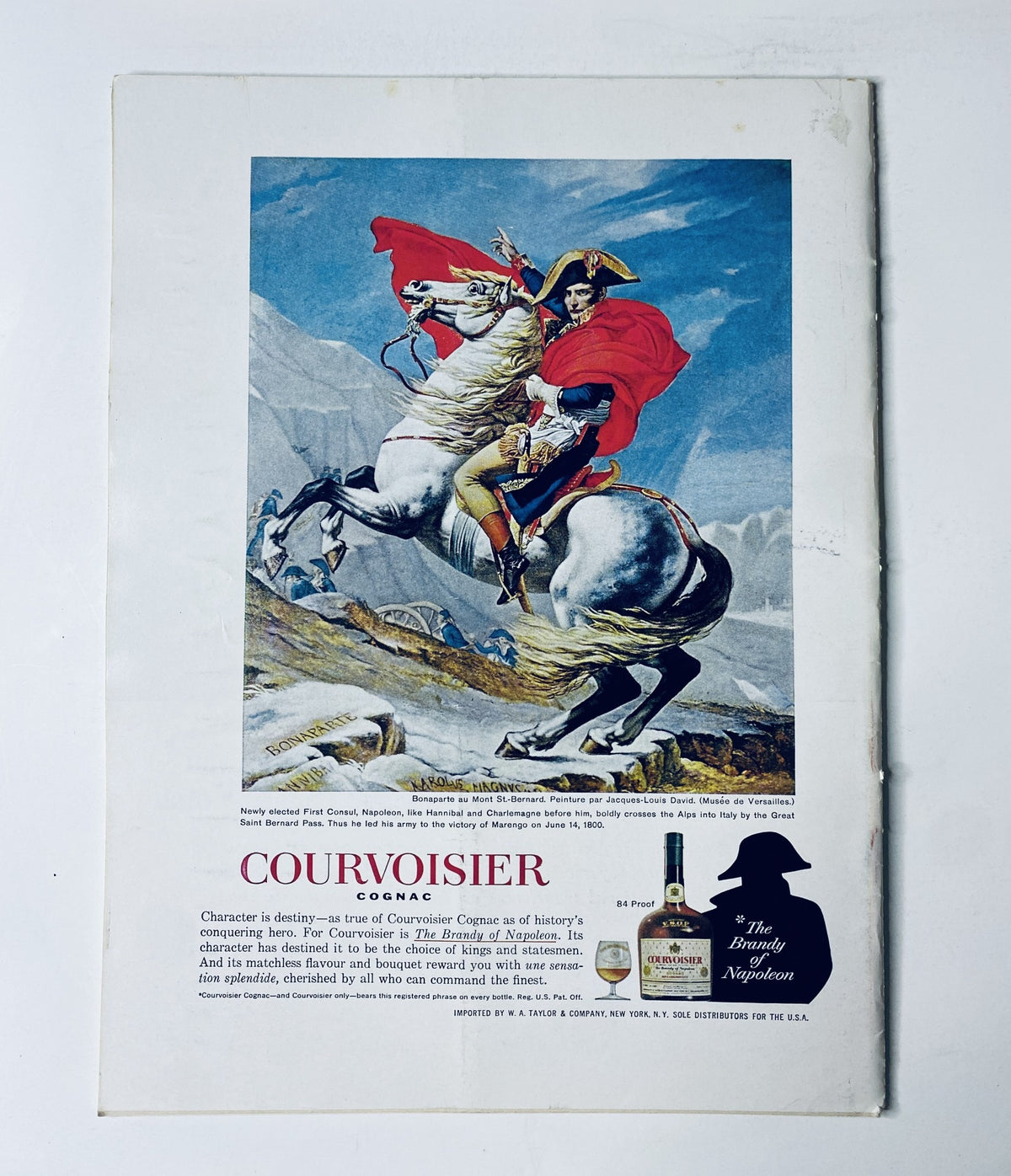 A vintage advertisement from The New Yorker Magazine January 4, 1964, promoting Courvoisier cognac, showcasing a dramatic image of Napoleon on horseback.