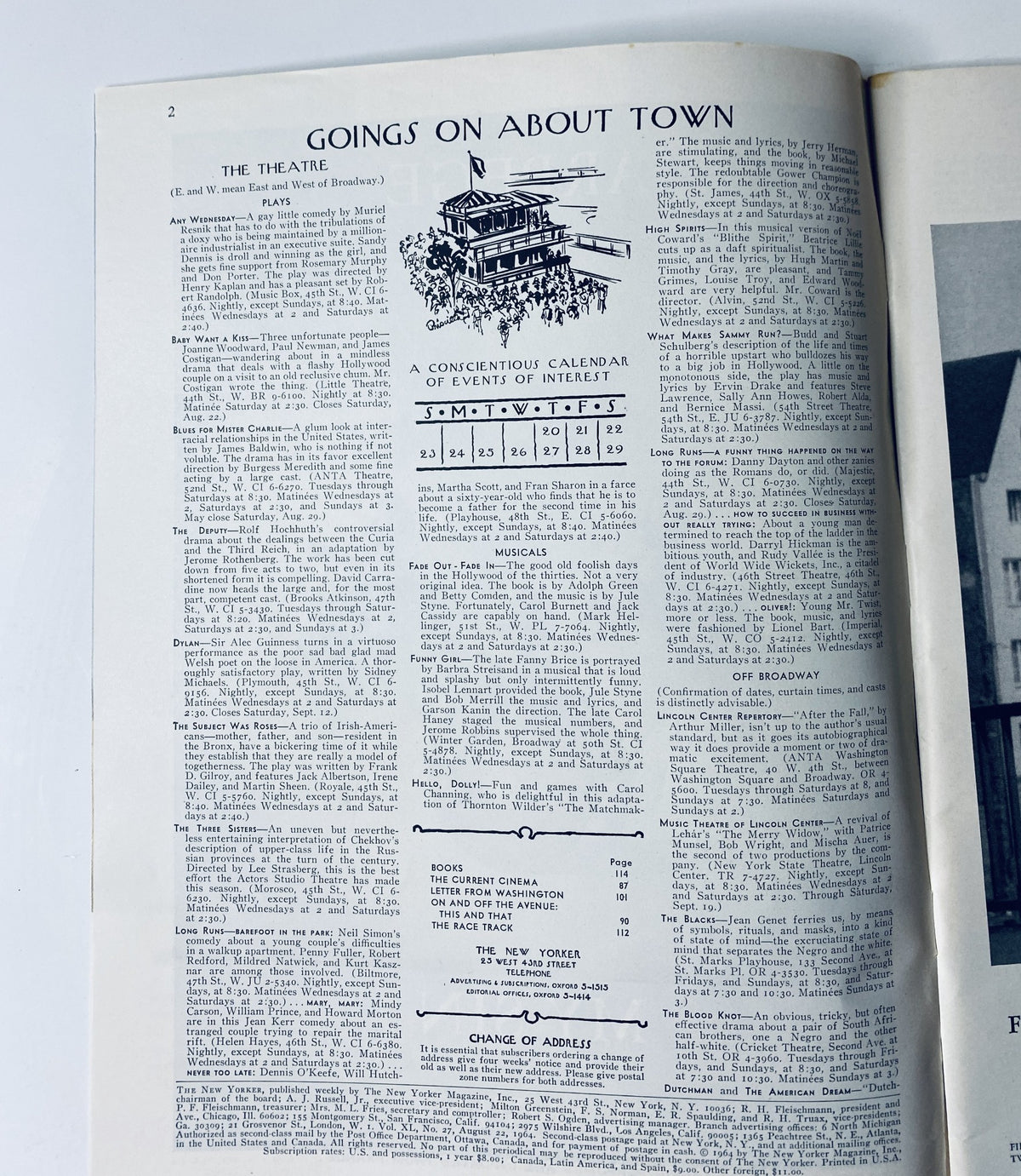Interior page of The New Yorker Magazine, August 22, 1964, displaying the 'Goings On About Town' section with a calendar of events.