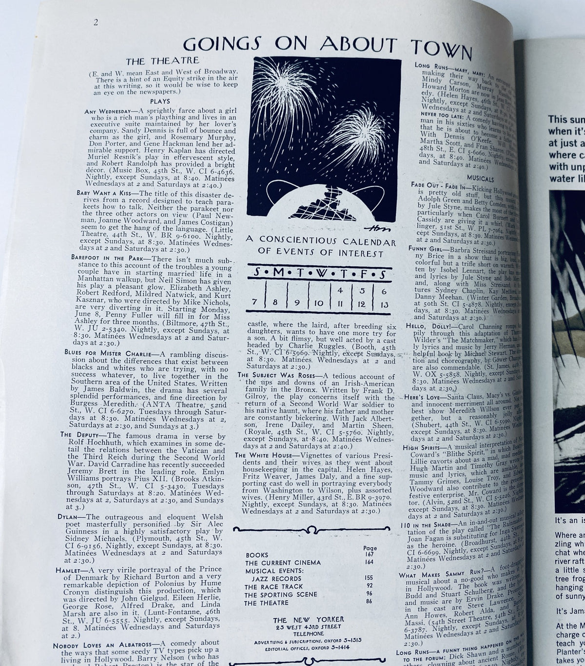 Interior page from The New Yorker Magazine June 6, 1964 showcasing the 'Goings On About Town' section, featuring a layout with events and performances advertised alongside artistic illustrations.