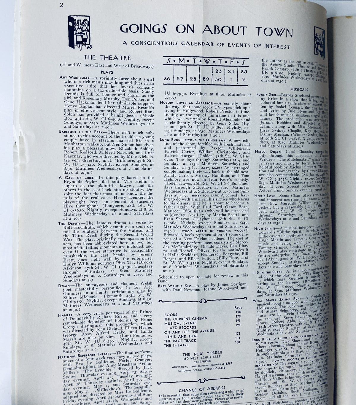 Goings on About Town section from The New Yorker Magazine April 25, 1964 featuring theater events and a conscientious calendar of events of interest.