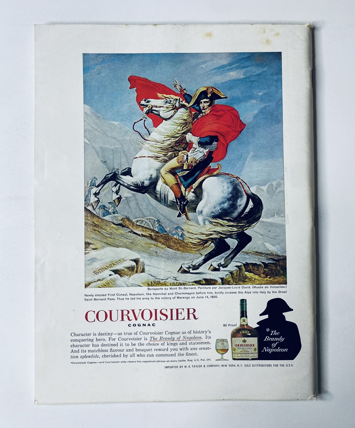 Advertisement for Courvoisier Cognac featuring a historic depiction of Napoleon on horseback, published in The New Yorker Magazine April 25, 1964.