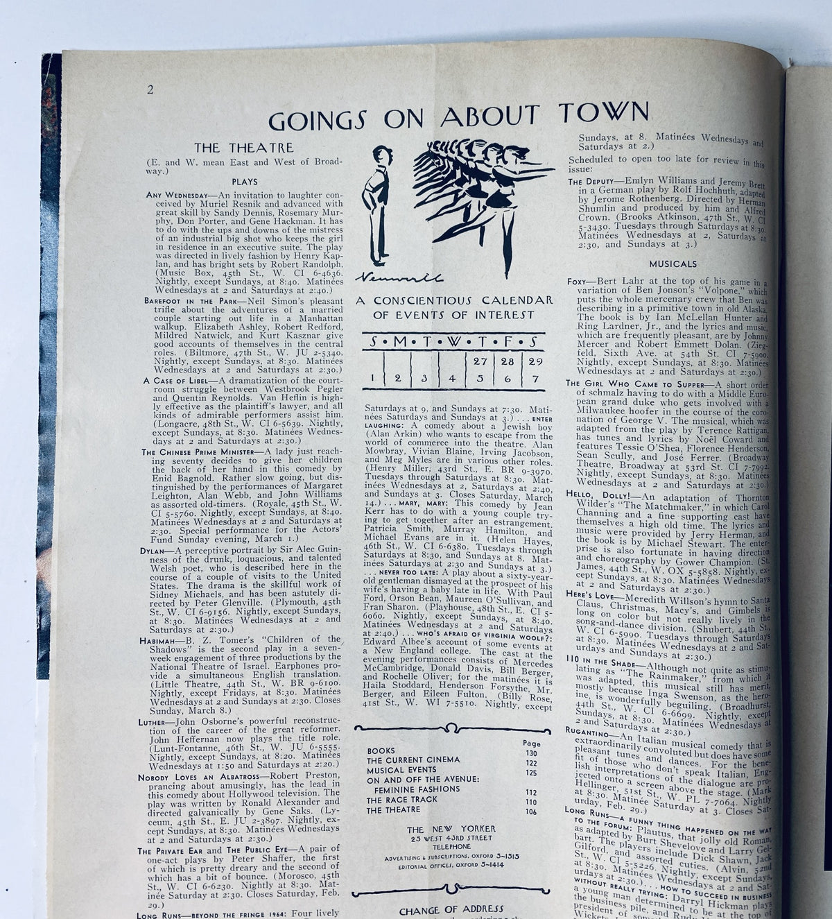 Interior page from The New Yorker Magazine February 29, 1964, listing 'Goings on About Town,' including a calendar of events and theatrical listings, presented in a classic, vintage magazine layout.