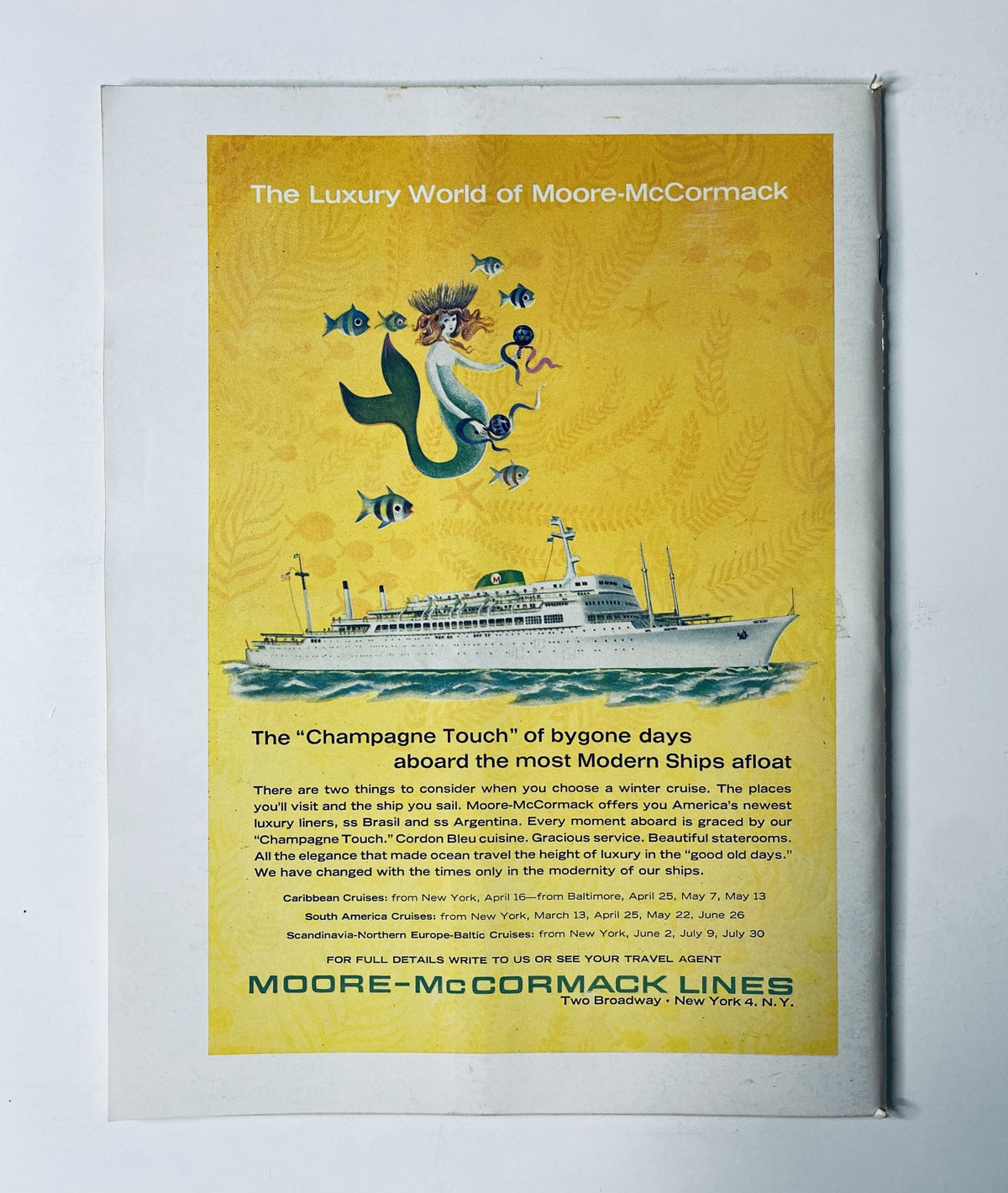 Ad for Moore-McCormack Lines from The New Yorker Magazine February 29, 1964, featuring colorful illustrations of a luxury cruise ship and a mermaid, promoting travel options and cruise experiences.