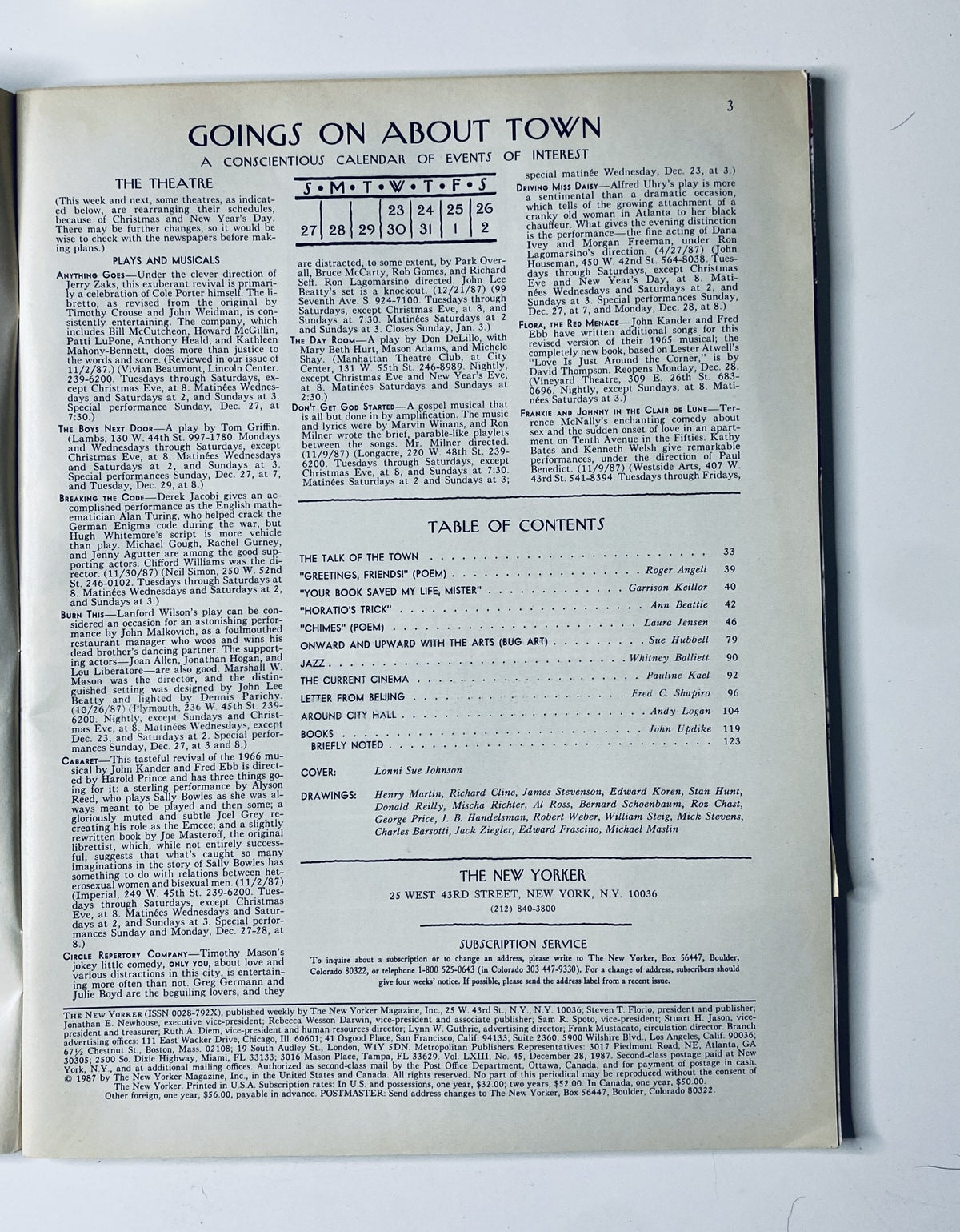 Goings on About Town page from The New Yorker Magazine December 28, 1987 featuring the Table of Contents and events of interest, attributed to L. S. Johnson.