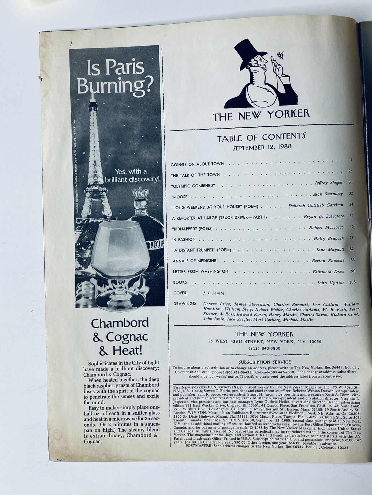 Inside page of The New Yorker Magazine, September 12, 1988, displaying the Table of Contents with articles listed, including a mention of Paris, alongside an advertisement for Chambord and Cognac.