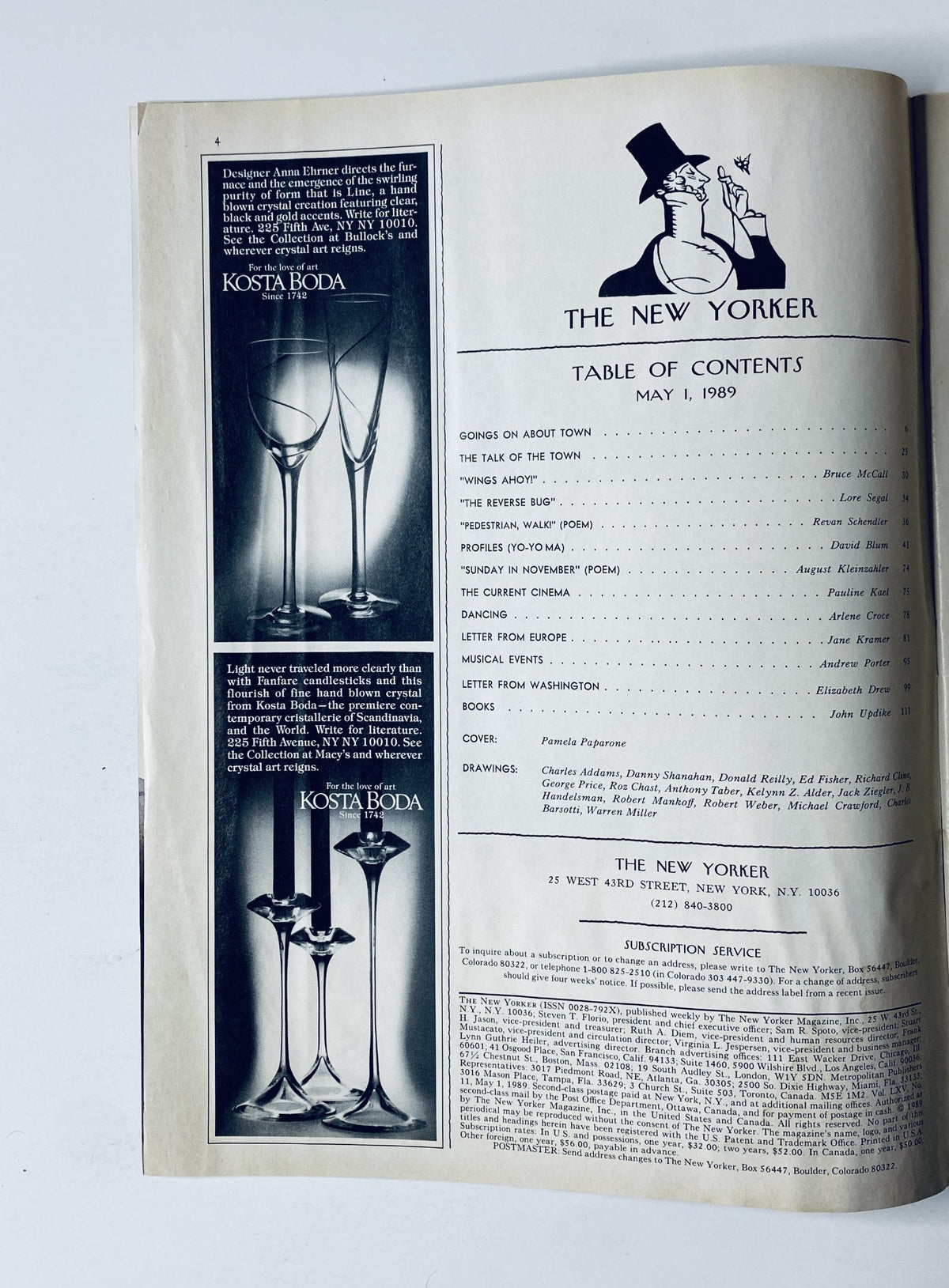 Table of contents page from The New Yorker Magazine, May 1, 1989, listing articles including 'Goings On About Town' and 'Profiles' on Yo-Yo Ma.