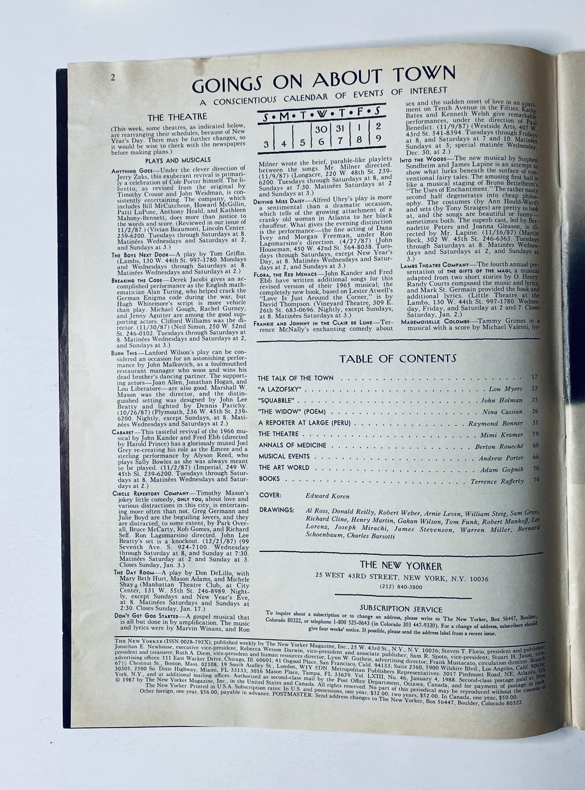 Inside page of The New Yorker magazine January 4, 1988, featuring 'Going On About Town' column and Table of Contents listing notable articles and contributors.