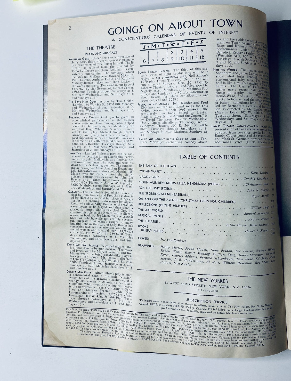 Inside page of The New Yorker Magazine December 7, 1987 displaying a calendar of events and the Table of Contents.