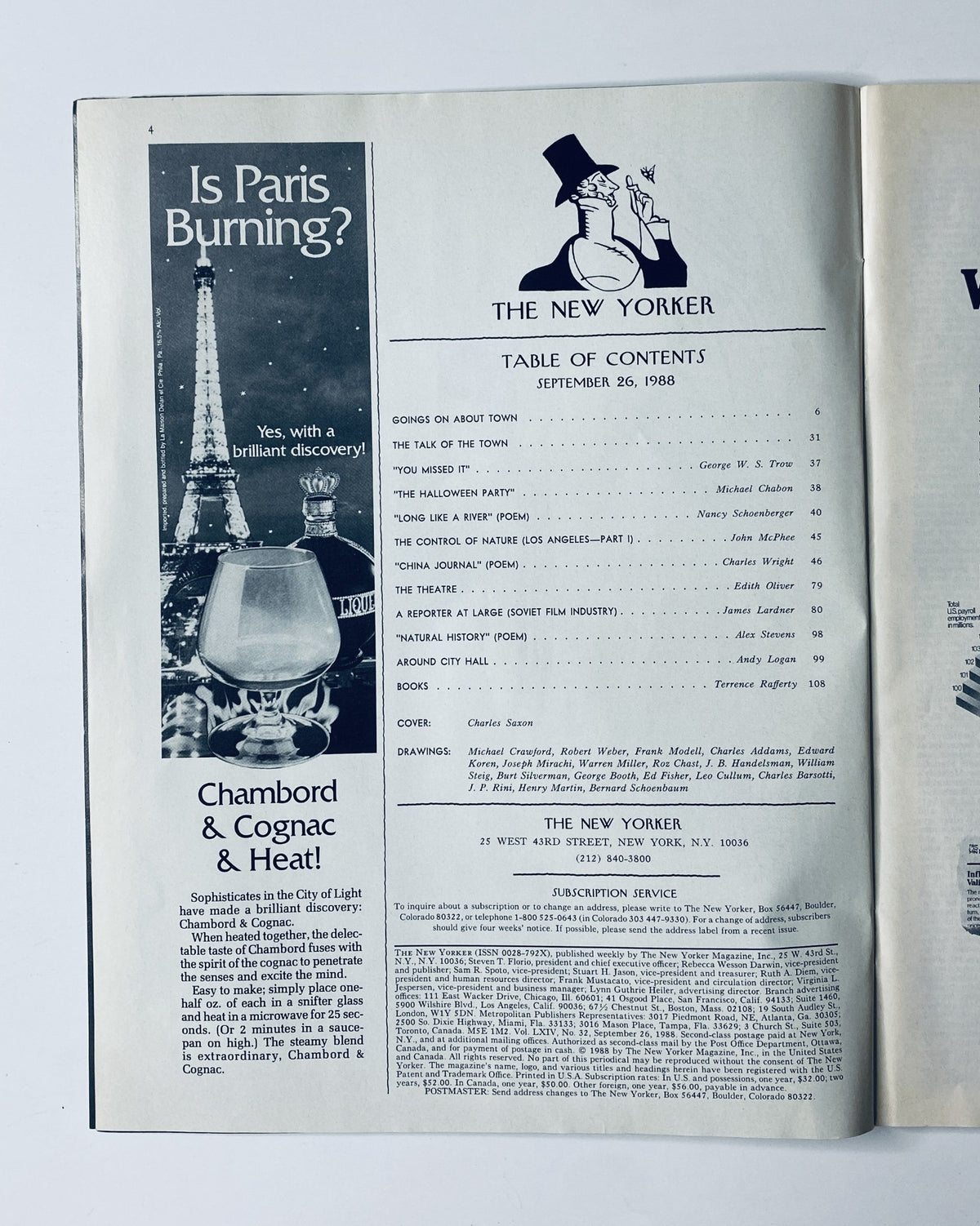 Interior page of The New Yorker Magazine, September 26, 1988, displaying the Table of Contents with listing of articles and advertisements.