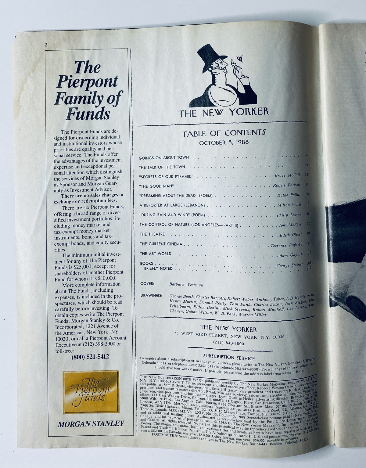 Inside page of The New Yorker Magazine October 3, 1988 displaying the Table of Contents, highlighting various articles and contributors of that issue.