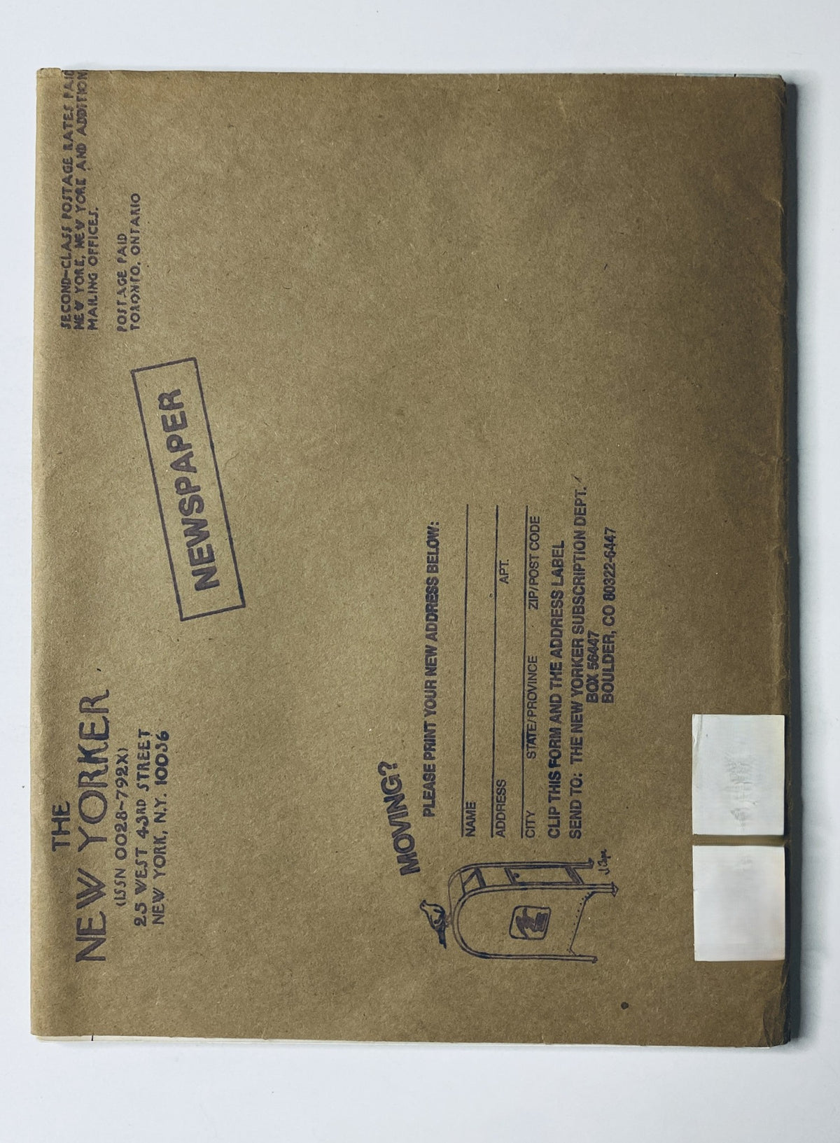 The back cover of The New Yorker Magazine January 11, 1988, displaying brown kraft paper with an address showing the magazine's mailing details, adding a vintage touch.