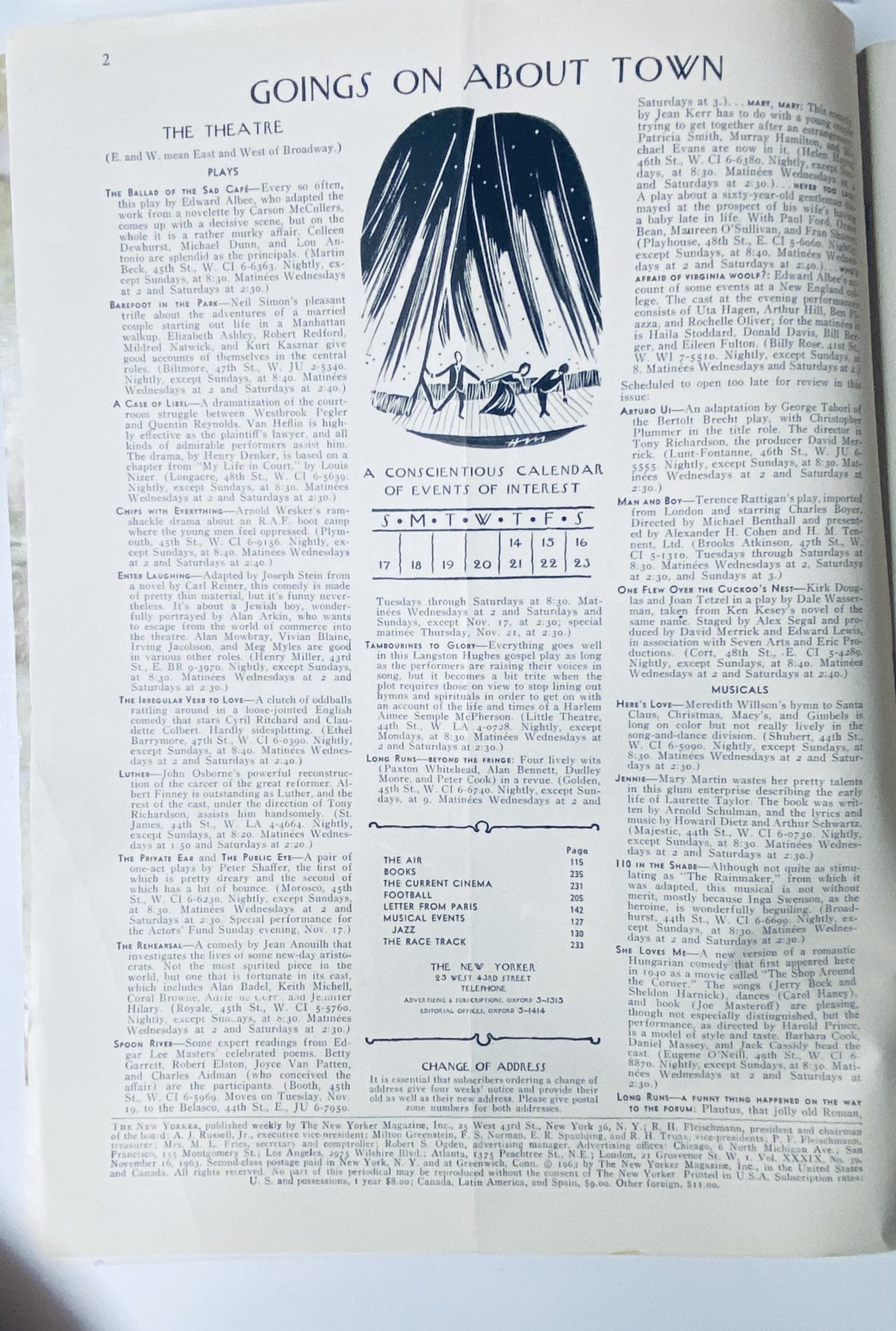 Inside page of The New Yorker Magazine November 16, 1963, showcasing a calendar of events titled 'Goings On About Town' highlighting cultural happenings.