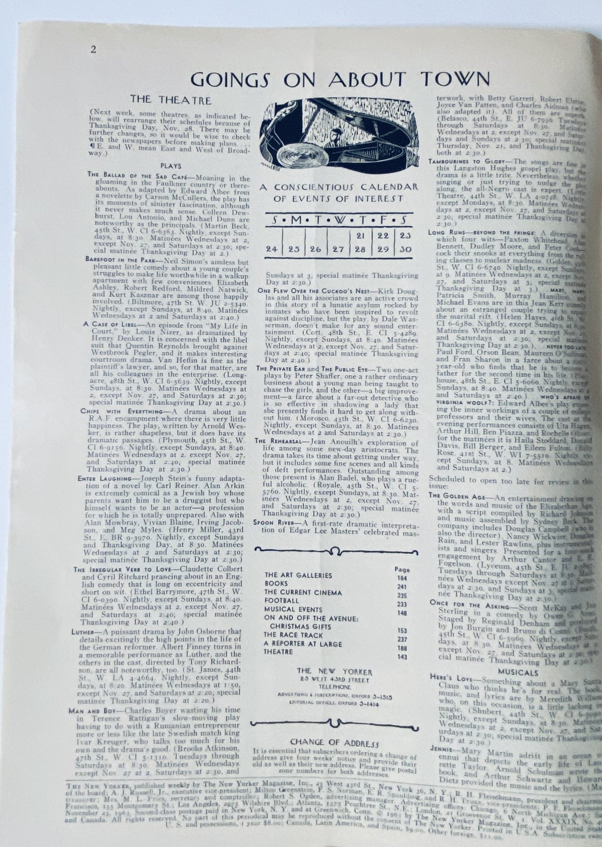 The New Yorker Magazine November 23, 1963, featuring the Goings On About Town section, showcasing events in New York City with a rich historical context.