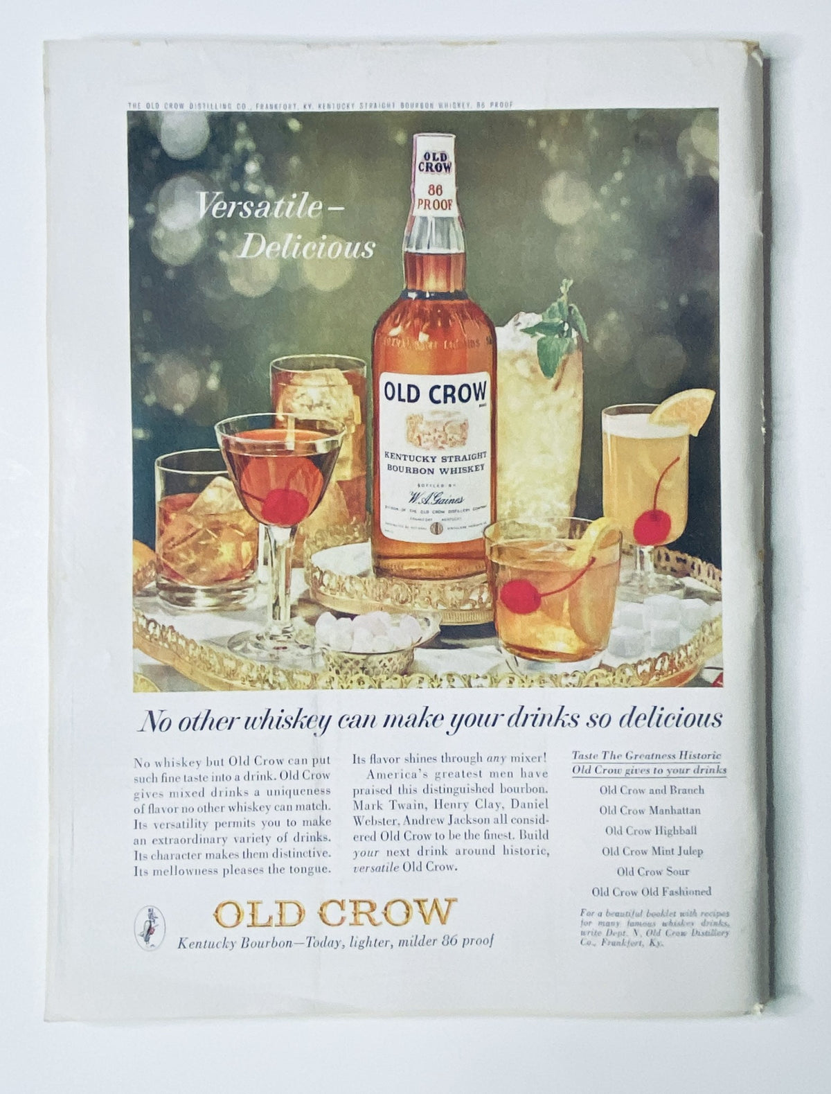 A vintage advertisement for Old Crow Kentucky Straight Bourbon Whiskey, emphasizing its versatility and deliciousness. The ad features an elegant display of drinks made with Old Crow, including cocktails garnished with fruit, set against a sophisticated background. This image is part of The New Yorker Magazine October 19, 1963 Autumn Pool Cover by Charles D. Saxon.