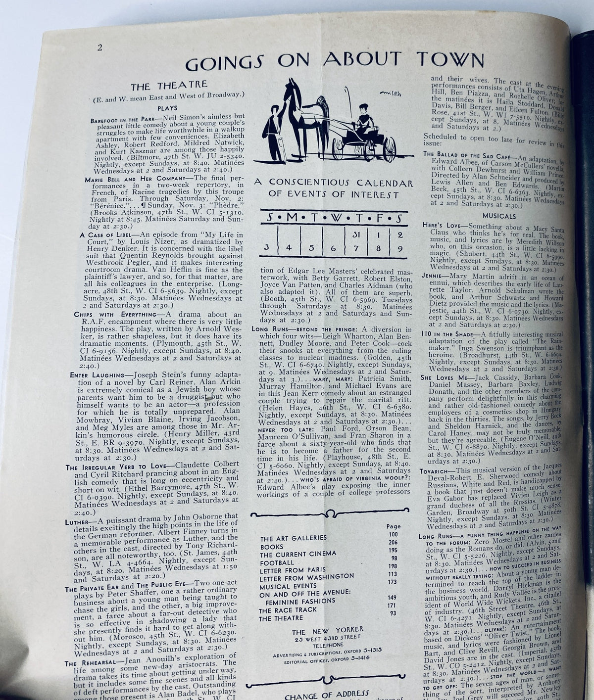 Page featuring events and theater listings from The New Yorker Magazine November 2, 1963 Halloween Witches Cover by C. Addams.