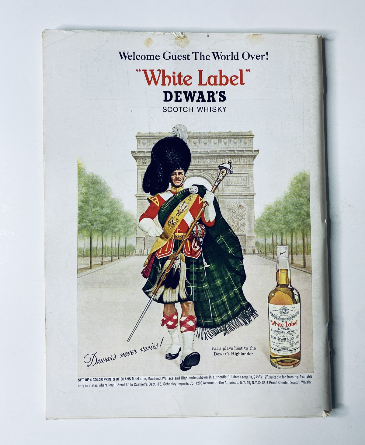 Back cover of The New Yorker Magazine November 9, 1963 advertising Dewar's White Label Scotch Whisky with an illustration of a bagpiper.