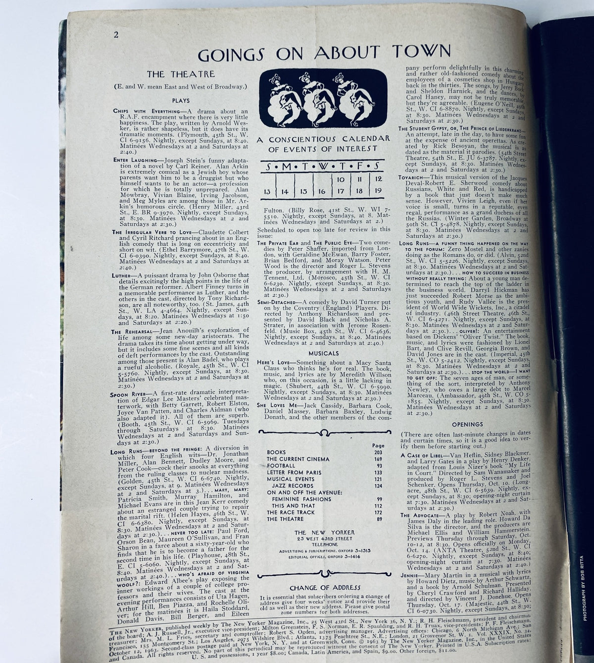 Inside page of The New Yorker Magazine, October 12, 1963, titled 'Goings On About Town', featuring a calendar of events related to Broadway and other cultural happenings.