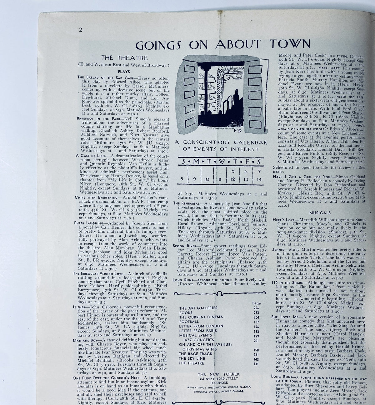 Page 2 of The New Yorker Magazine December 7, 1963, titled 'Goings On About Town', displaying a calendar of events and cultural listings.