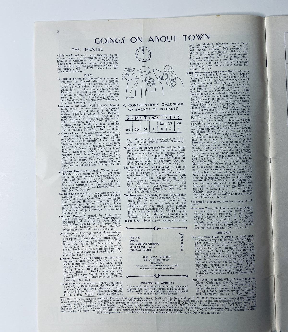 Inside page of The New Yorker Magazine December 28, 1963, showing a calendar of events titled 'Goings on About Town'.