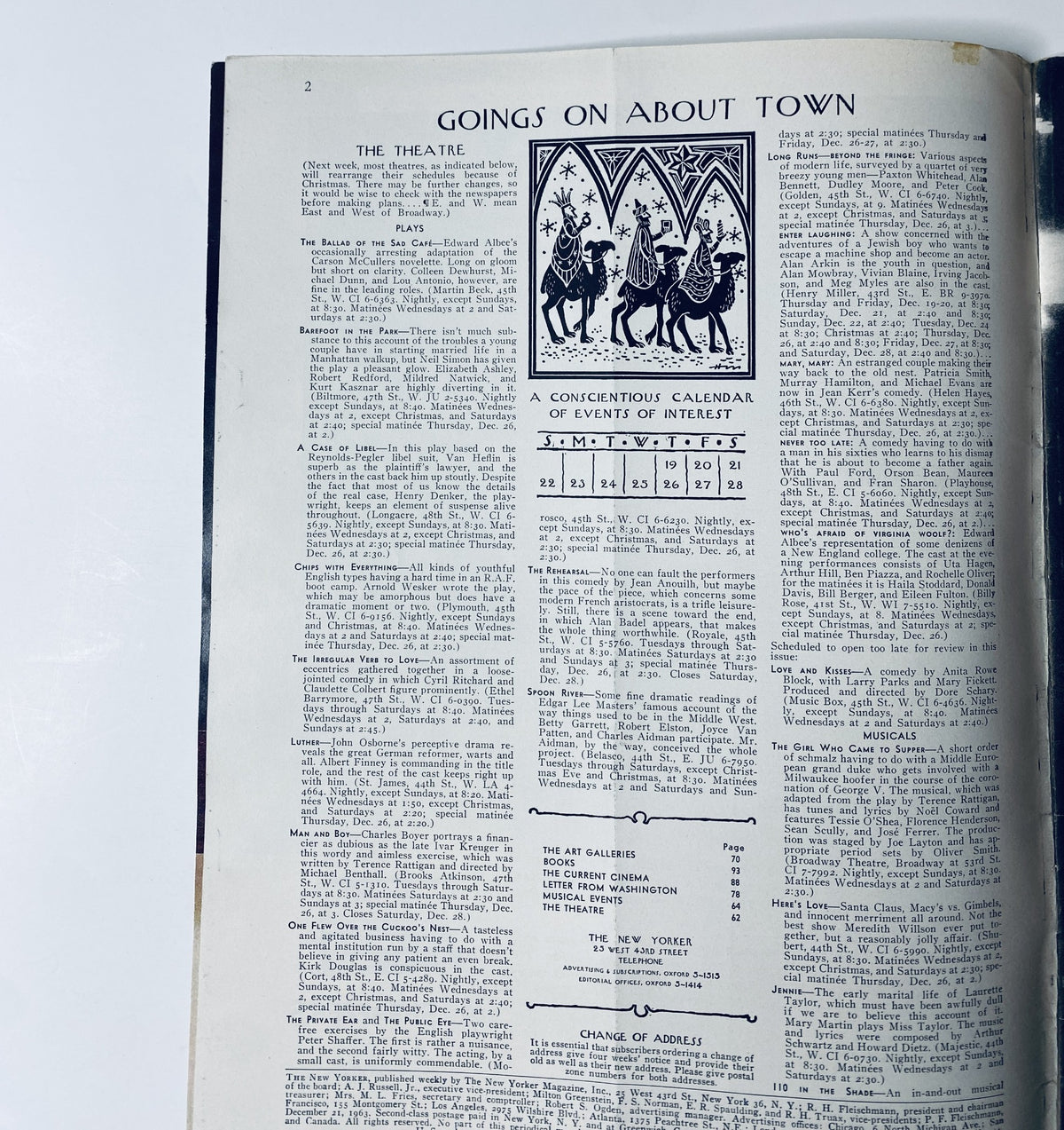 The New Yorker Magazine December 21, 1963 interior page featuring the 'Goings On About Town' section, listing upcoming events of interest in New York City, providing a glimpse into the cultural happenings during that time.