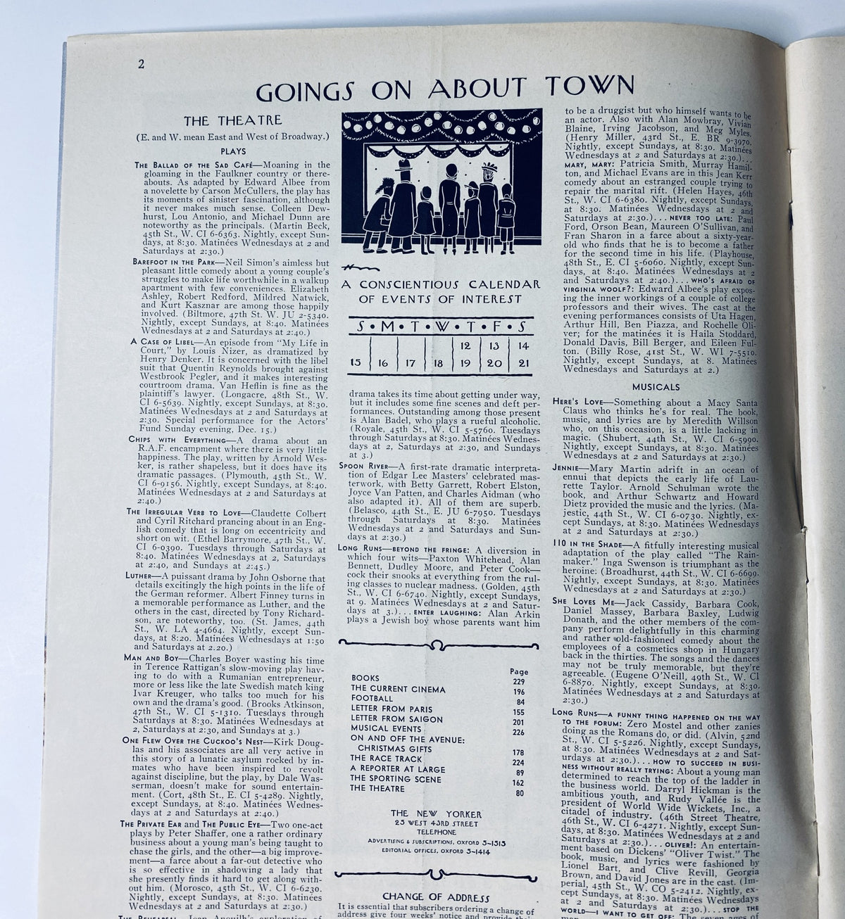 Inside page of The New Yorker Magazine December 14, 1963 displaying a calendar of events titled 'Goings On About Town' listing various theatrical performances and cultural happenings.