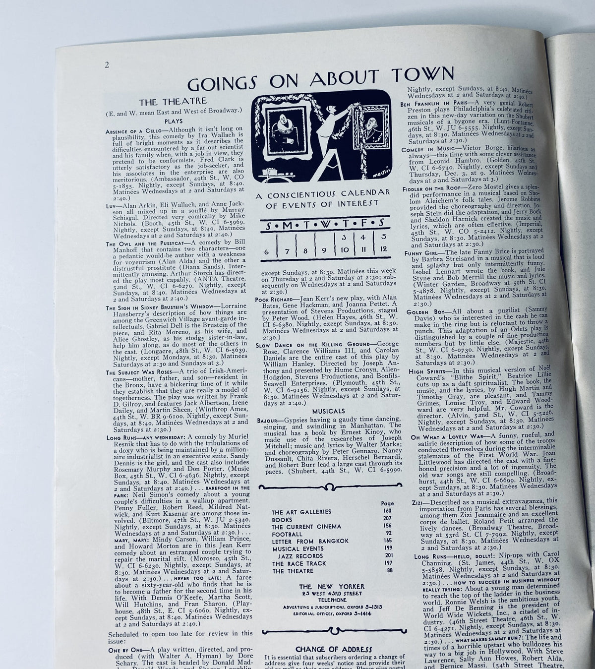 Interior page from The New Yorker Magazine December 5, 1964 showcasing 'Goings On About Town', a calendar of events with a focus on theatre, rich in cultural insights.