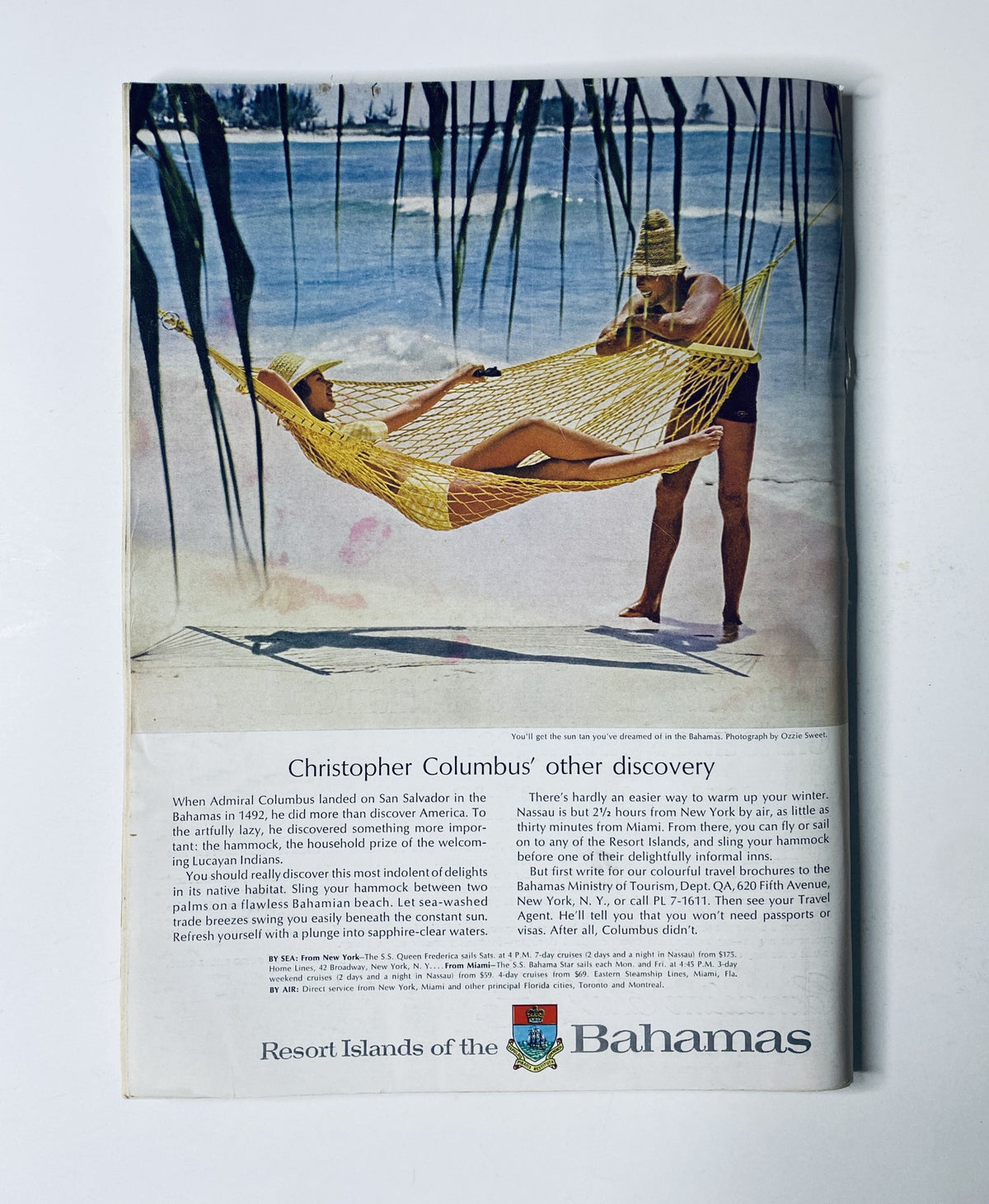 The New Yorker Magazine December 12, 1964 Beach Reading cover showcases a woman relaxing in a hammock, inviting readers to enjoy the Resort Islands of the Bahamas.