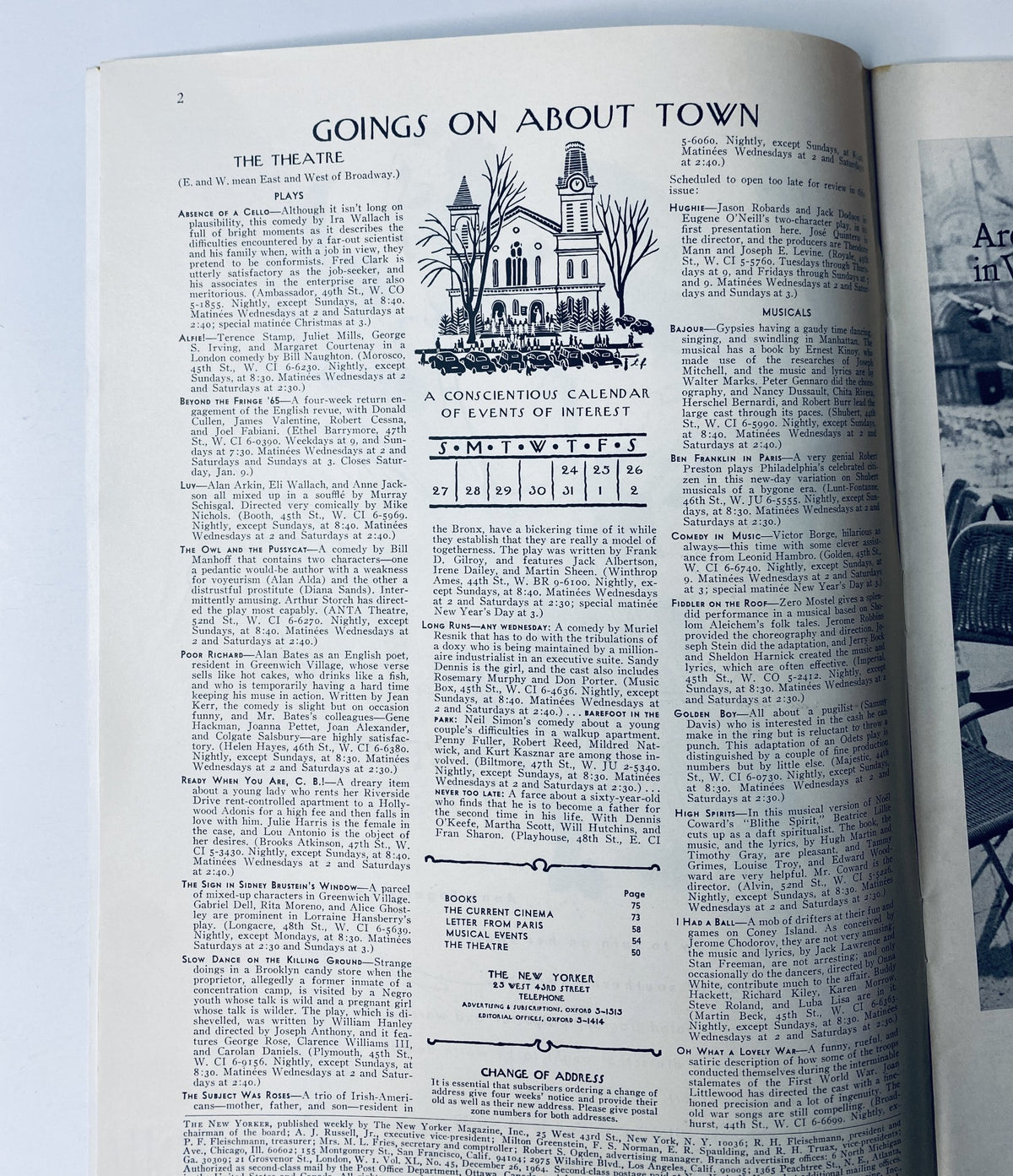 Interior page of The New Yorker Magazine December 26, 1964 featuring events and a calendar listing under 'Goings On About Town'.