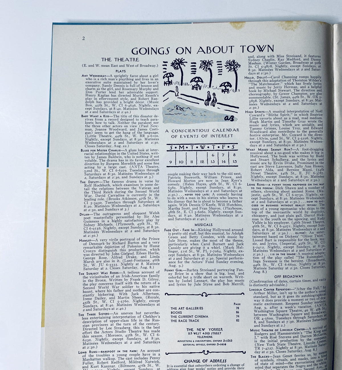 Interior page of The New Yorker Magazine August 8, 1964 showing the 'Goings On About Town' section with a calendar of events.