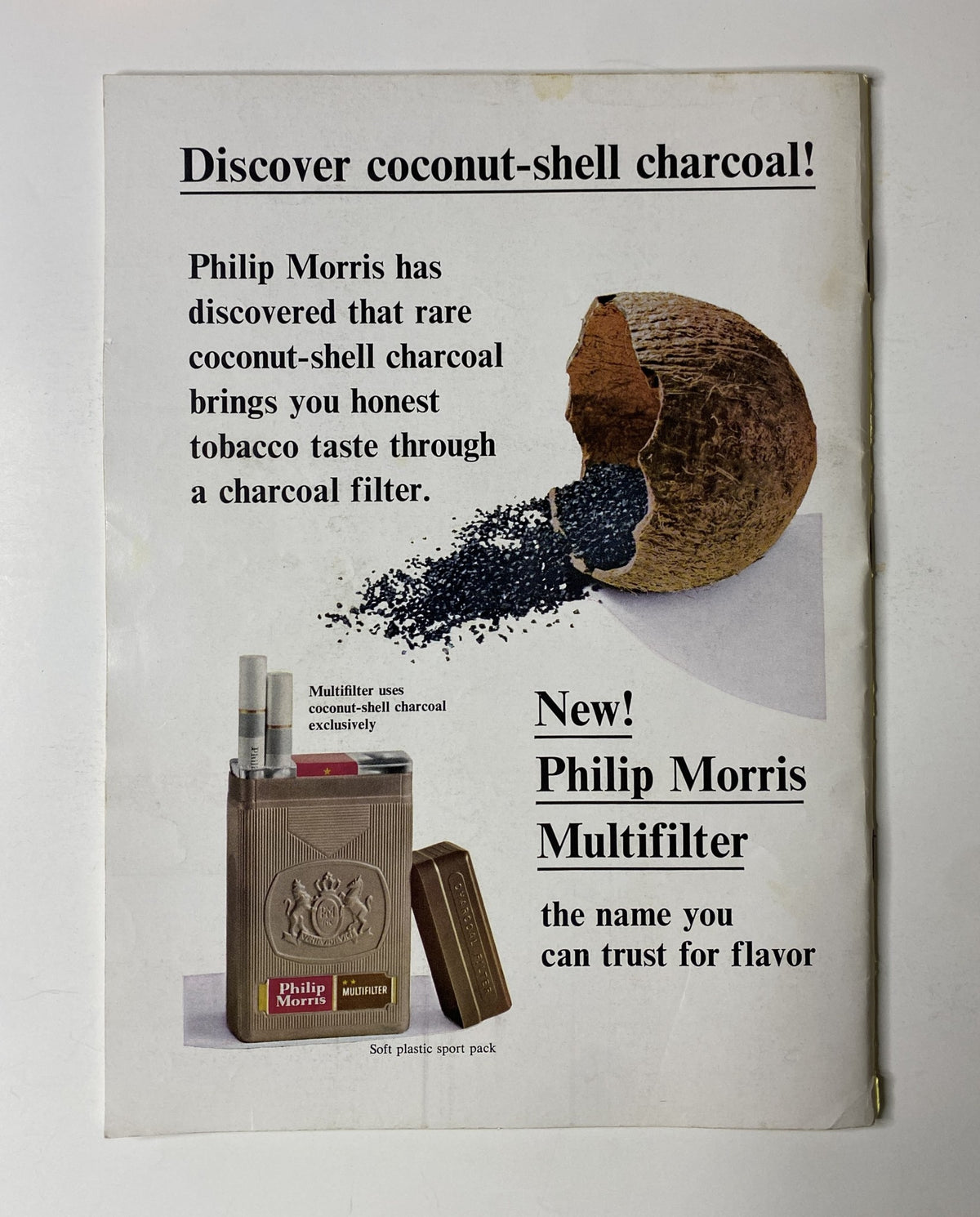 Advertisement for Philip Morris featuring coconut-shell charcoal, included in The New Yorker Magazine August 8, 1964.