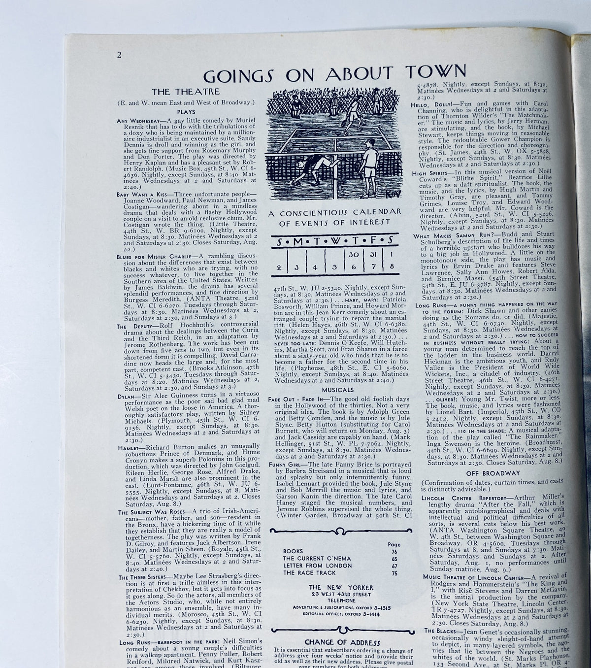 Goings On About Town section from The New Yorker Magazine August 1, 1964 featuring events and theatre information, part of the publication's rich cultural commentary, Golf Cart Direction Cover by Frank Modell.
